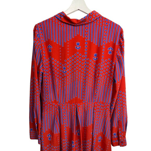ModCloth Dress Womens 10 Fit and Flare Long Sleeve Pleated Red Blue Print Fall - Picture 9 of 16